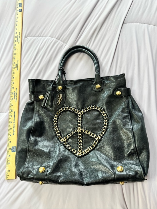 Betsey Johnson Handbags - Rare vintage genuine leather Betsey Johnson black tote chain heart boho